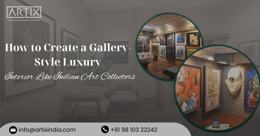 Luxury living room designed with curated Indian artwork and gallery-style interiors