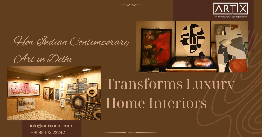 Indian contemporary artwork displayed in a luxurious modern home interior in Delhi
